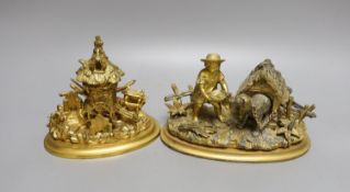 Two 19th century ormolu inkwells, modelled as a dog in a kennel, a water mill together with a