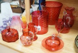 Three cranberry glass shades together with mixed cranberry and other glass,tallest shade 23cms high