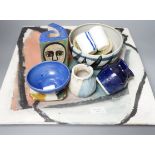 Studio pottery; a large square polychrome platter signed ‘Eastman June 87’ and a geometric vase