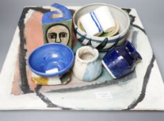 Studio pottery; a large square polychrome platter signed ‘Eastman June 87’ and a geometric vase