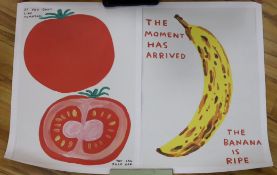 David Shrigley (1968-), two colour prints, 'If you don't like tomatoes' and 'The moment has