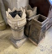 Three vintage earthenware chimney pots, largest height 77cm