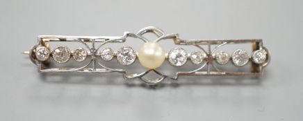 An early 20th century, yellow and white meta, cultured pearl and diamond set open work bar brooch,