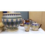 A Doulton siliconware jardiniere and other Doulton Lambeth ceramics, jug 19cms high