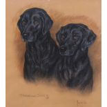 Marjorie Cox (1915-2003), pastel, Portrait of two black labradors, Jenna and Cassie, signed and