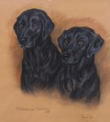 Marjorie Cox (1915-2003), pastel, Portrait of two black labradors, Jenna and Cassie, signed and