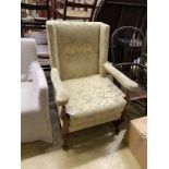 An 18th century style upholstered mahogany armchair, width 74cm, depth 65cm, height 106cm