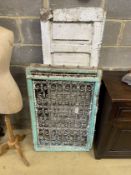 A near pair of wrought iron panels / shutters, larger width 70cm, height 100cm together with two