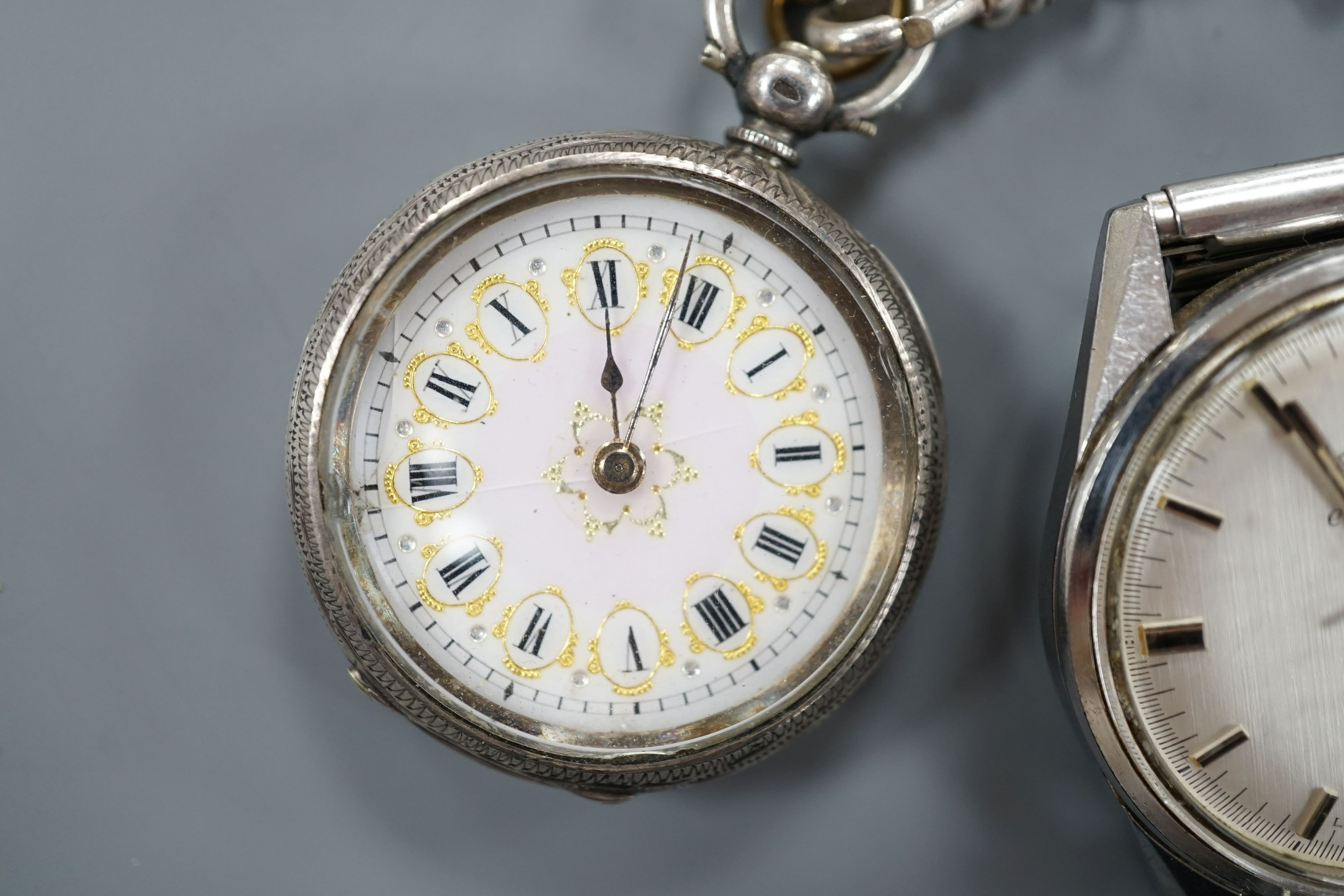 A gentleman's steel Rotary Electronic GT wrist watch and two Swiss white metal fob watches - Image 2 of 4