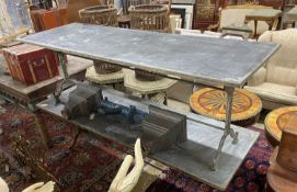 A Victorian style rectangular cast iron garden table with tin top, width 210cm, depth 69cm, height