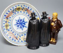 Two Doulton Sandeman bottles, a Dicken’s character bottle, and a Spanish maiolica dish,Sandeman