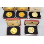 Five assorted cased Pobjoy Mint silver gilt Crown medals struck to commemorate first flights of