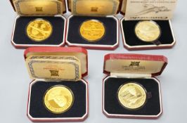 Five assorted cased Pobjoy Mint silver gilt Crown medals struck to commemorate first flights of