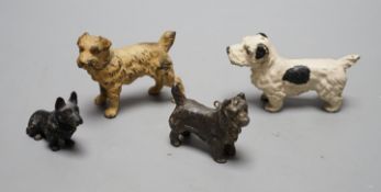 Four cold painted dogs, two bronze, tallest 5.5cm