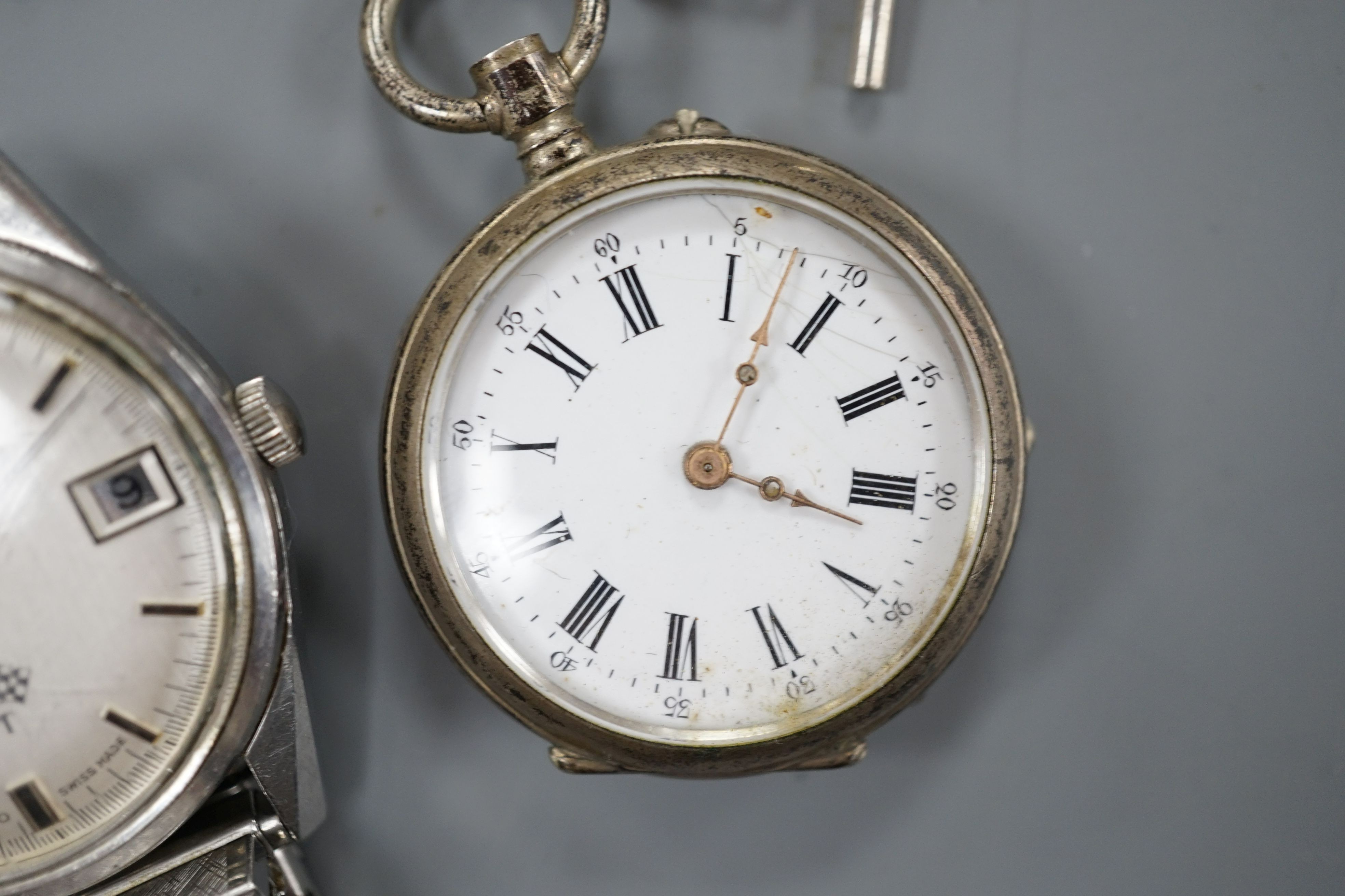 A gentleman's steel Rotary Electronic GT wrist watch and two Swiss white metal fob watches - Image 4 of 4