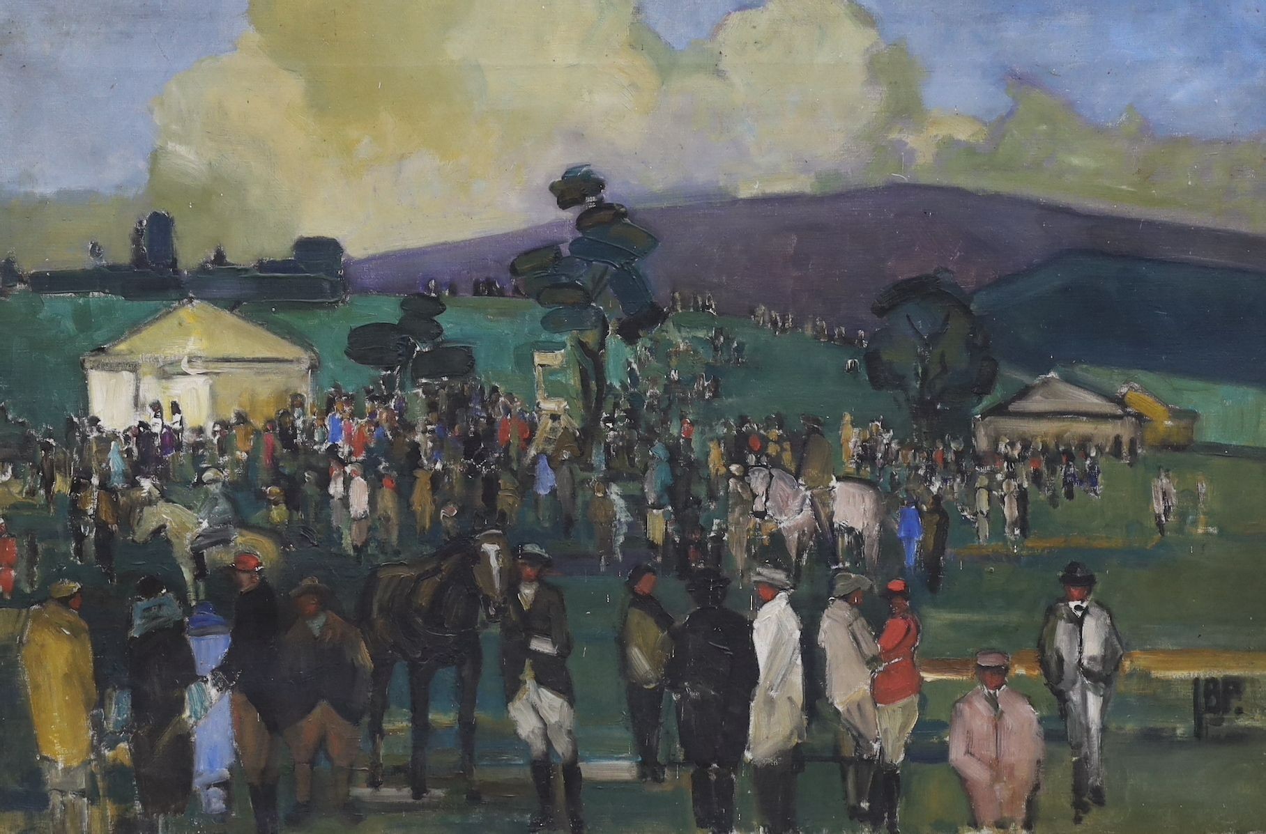 Attributed to Bertram Priestman (1868-1951), oil on canvas, Sketch of a race meeting, initialled, 51