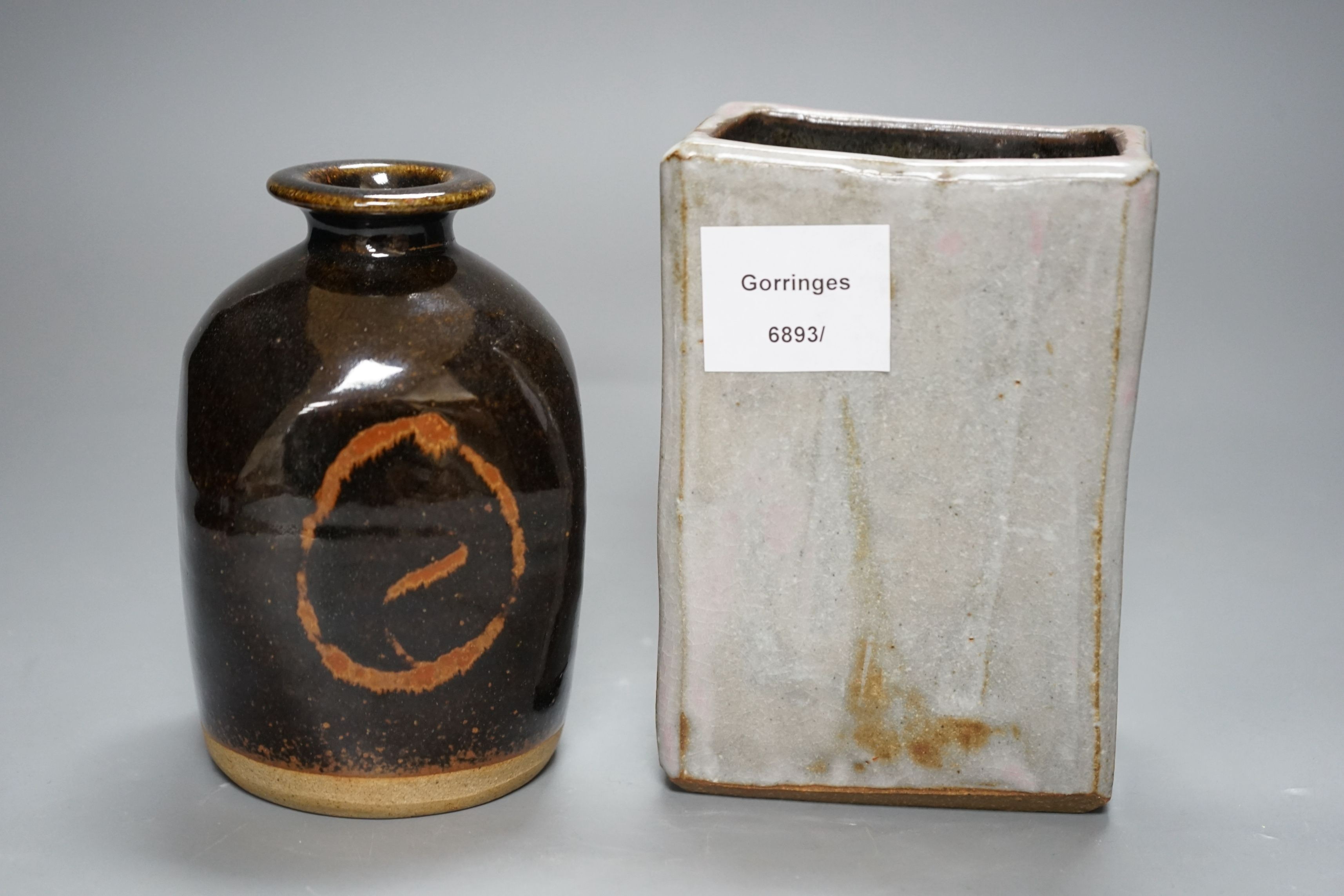 British Studio Pottery; a tenmoku glazed bottle vase, with impressed mark, together with an abstract - Image 3 of 5