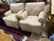 A pair of Victorian style George Smith upholstered armchairs, width 90cm, depth 92cm, height 86cm