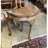 A Queen Anne revival burr walnut D shaped folding card table, width 83cm, depth 43cm, height 77cm