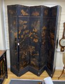 A Chinese chinoiserie lacquered six fold screen, panel width 46cm, height 237cm