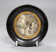 A 19th century painted snuff box lid panel (cut out), in a papier mache frame, 12cms diameter