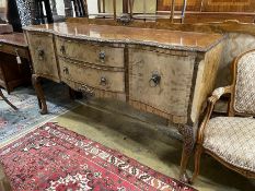 A Queen Anne revival banded walnut serpentine fronted sideboard, length 106cm, depth 56cm, height
