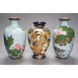 A pair of Japanese cloisonné enamel vases and a Satsuma vase (3), cloisonné vases 24cms high