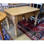 A Victorian pitch pine two drawer kitchen table, width 118cm, depth 42cm, height 78cm