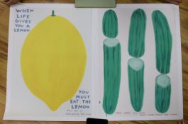David Shrigley (1968-), two colour prints, 'When life gives you a lemon' and 'They were too long',