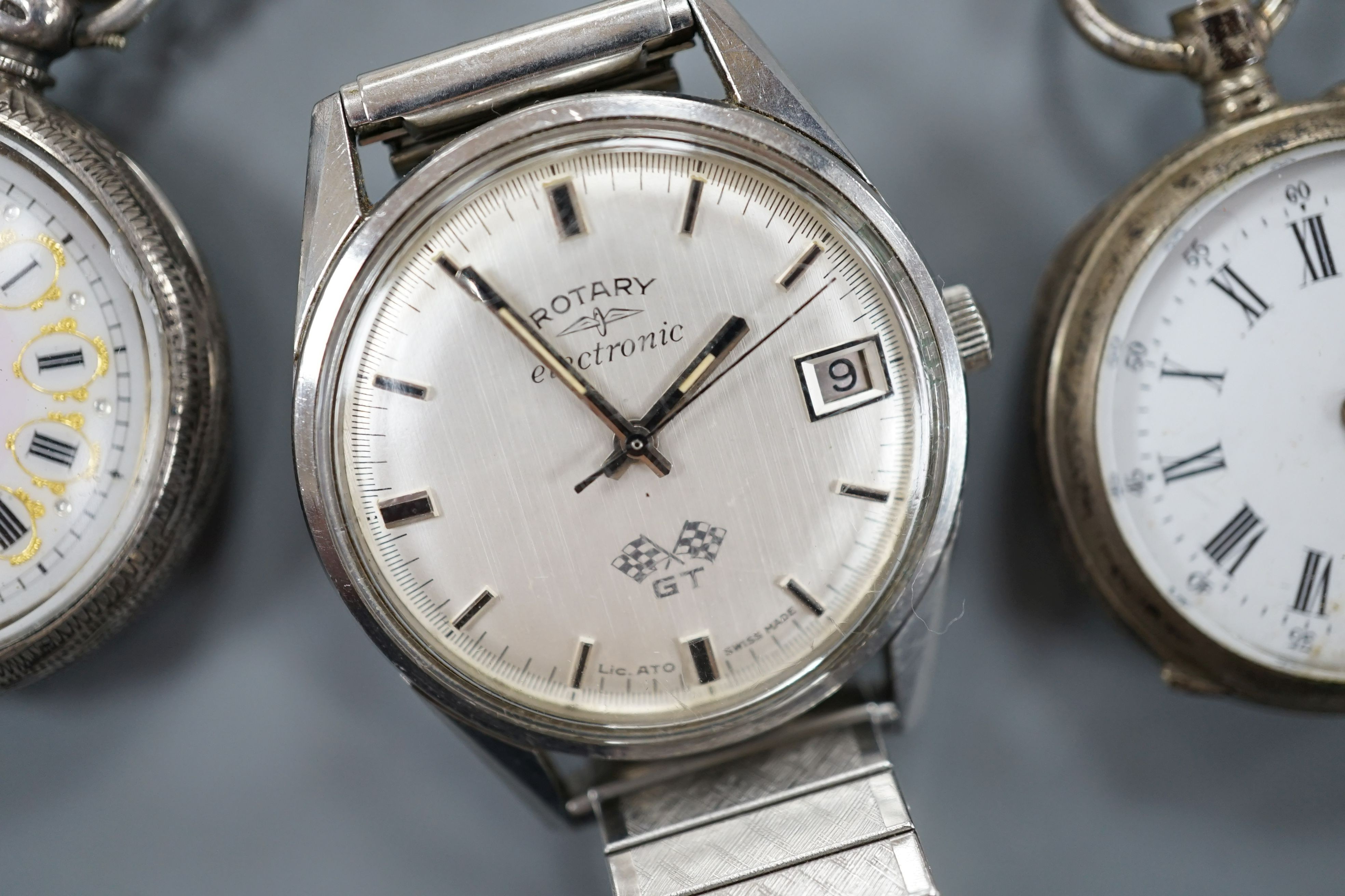 A gentleman's steel Rotary Electronic GT wrist watch and two Swiss white metal fob watches - Image 3 of 4