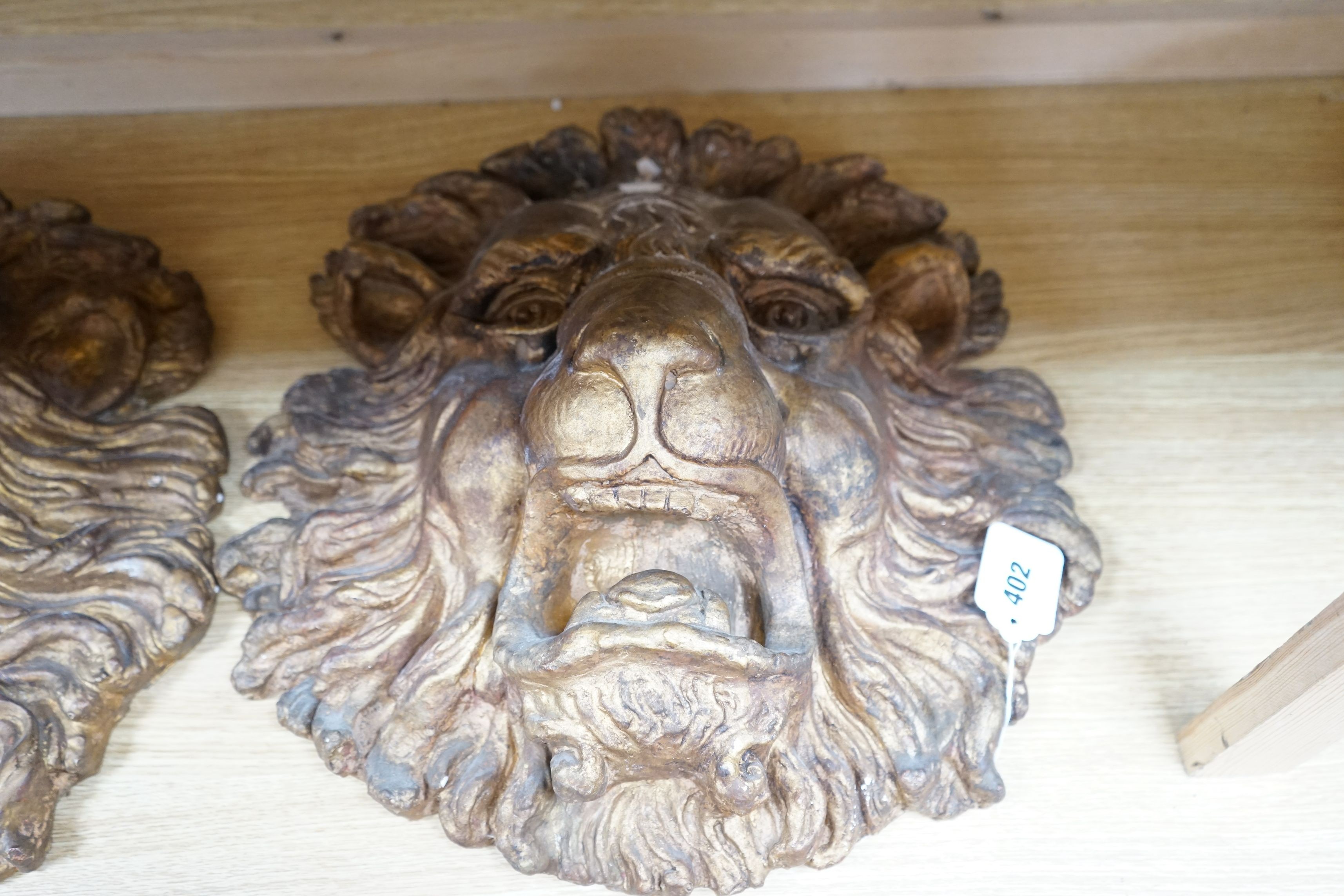 A pair of large decorative gilt plaster lion masks, 42cm - Image 3 of 5