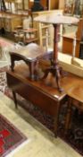A Victorian mahogany circular wine table, a Pembroke table and a small carved mahogany low table