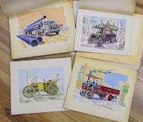 Mid century British School, nine 1950's original gouache and ink illustrations, all of a transport