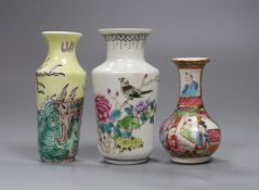Three Chinese enamelled porcelain miniature vases, late 19th century / Republic period, tallest