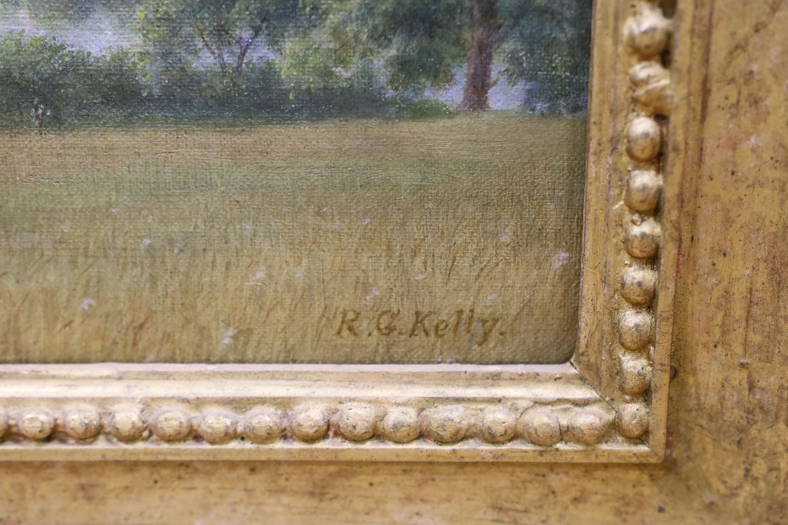 RG Kelly (20th C.), oil on canvas, Extensive landscape with harvesters and cattle watering, - Image 3 of 3