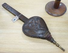 A carved oak Otley bellows, designed by A Knox for Liberty's & Co. 75cms high