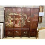 A Chinese style painted four fold screen, each panel width 48cm, height 186cm