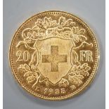 A Swiss 1935 gold 20 francs coin, 6.6 grams