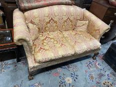 A George III style upholstered mahogany hump back two seater settee, length 156cm, depth 90cm,