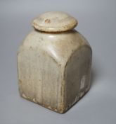 Bernard Leach for St Ives pottery, a mushroom-grey glazed square sided jar and cover, impressed