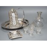 A silver-mounted Victorian thermometer, silver ashtray, plated basket stand, a small enamelled