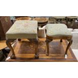 Two 18th century style mahogany and walnut dressing stools, larger width 60cm, depth 48cm, height