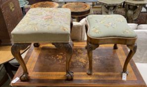 Two 18th century style mahogany and walnut dressing stools, larger width 60cm, depth 48cm, height