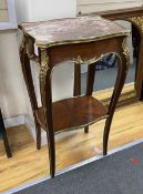 A mid 20th century French gilt metal mounted mahogany marble topped two tier table, width 50cm,