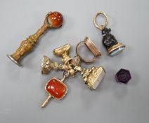 Eight assorted 19th century and later fob seals including a rose diamond set black glass dog with