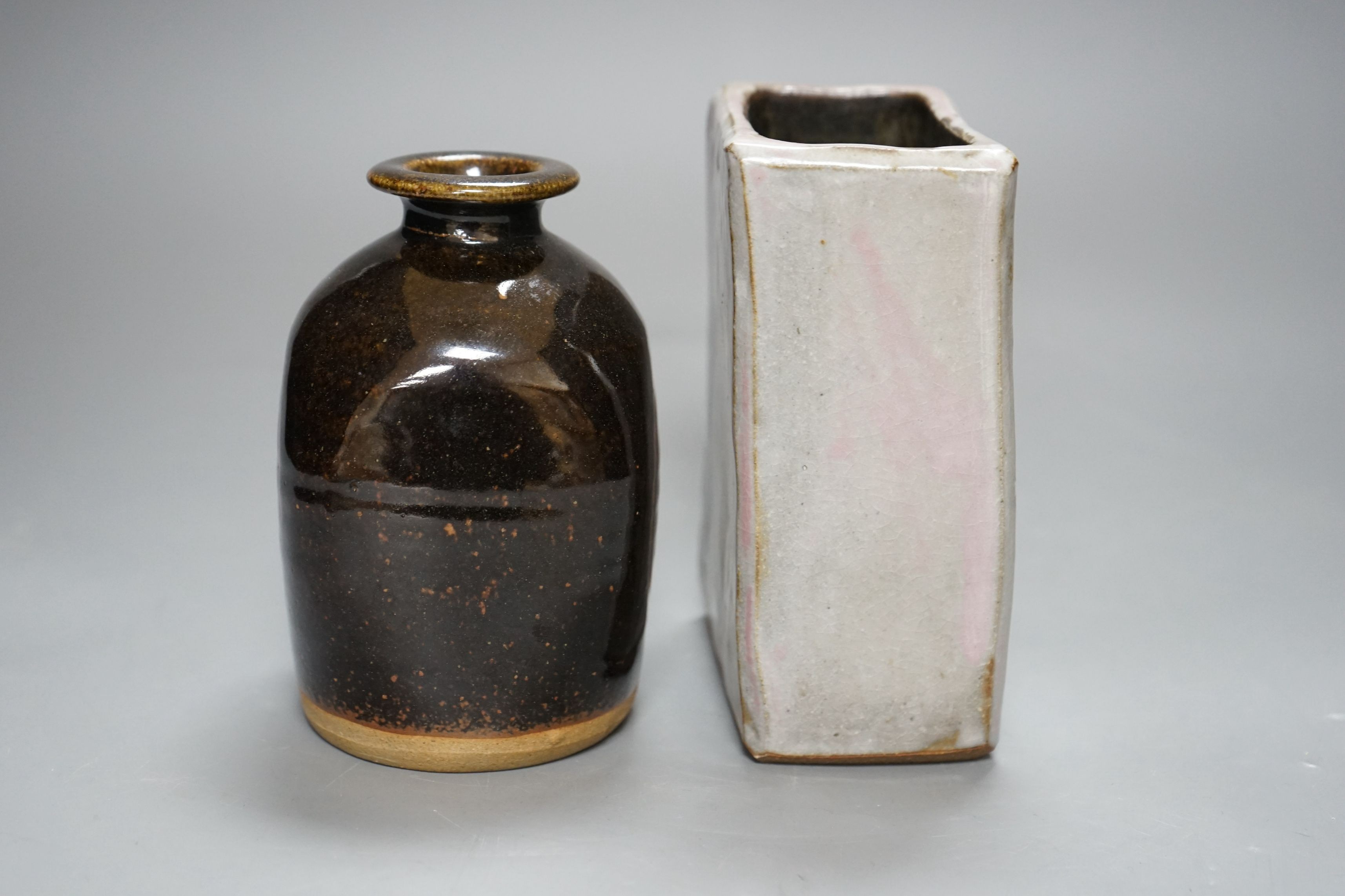 British Studio Pottery; a tenmoku glazed bottle vase, with impressed mark, together with an abstract - Image 2 of 5