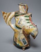 Angus Suttie (1946-1993), an abstract polychrome glazed stoneware jug and cover on tripod base,