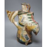 Angus Suttie (1946-1993), an abstract polychrome glazed stoneware jug and cover on tripod base,