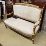 A 19th century French carved giltwood six piece salon suite, settee length 128cm, depth 53cm, height
