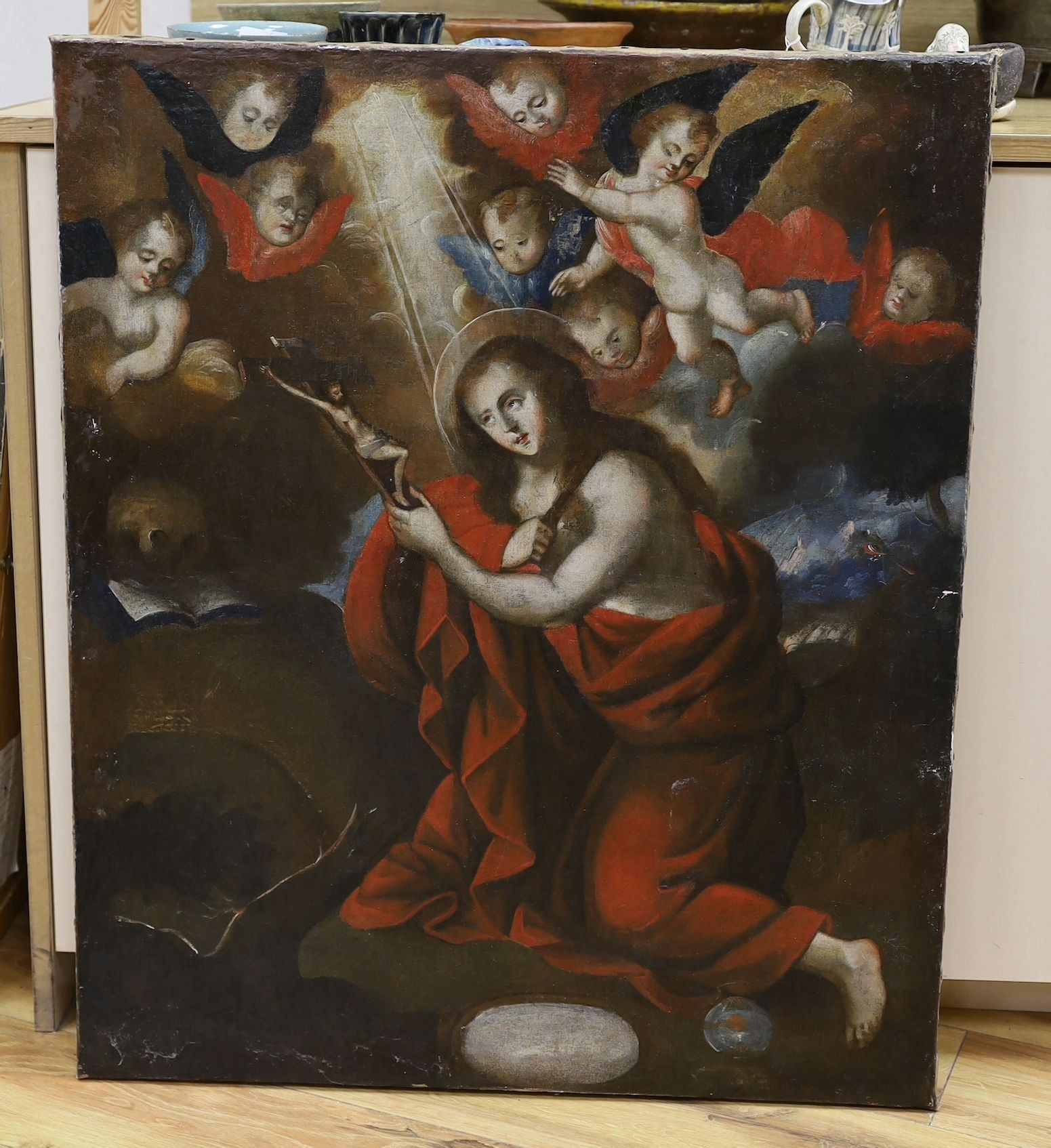 Early 19th century Spanish School, oil on canvas, Saint at prayer holding a crucifix, 80 x 67cm, - Image 2 of 3
